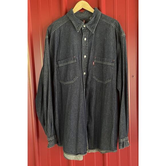Levis Denim Shirt Red Tab Long Sleeve Button Up Vintage Dark Wash Pockets Y2K XL - Picture 1 of 7